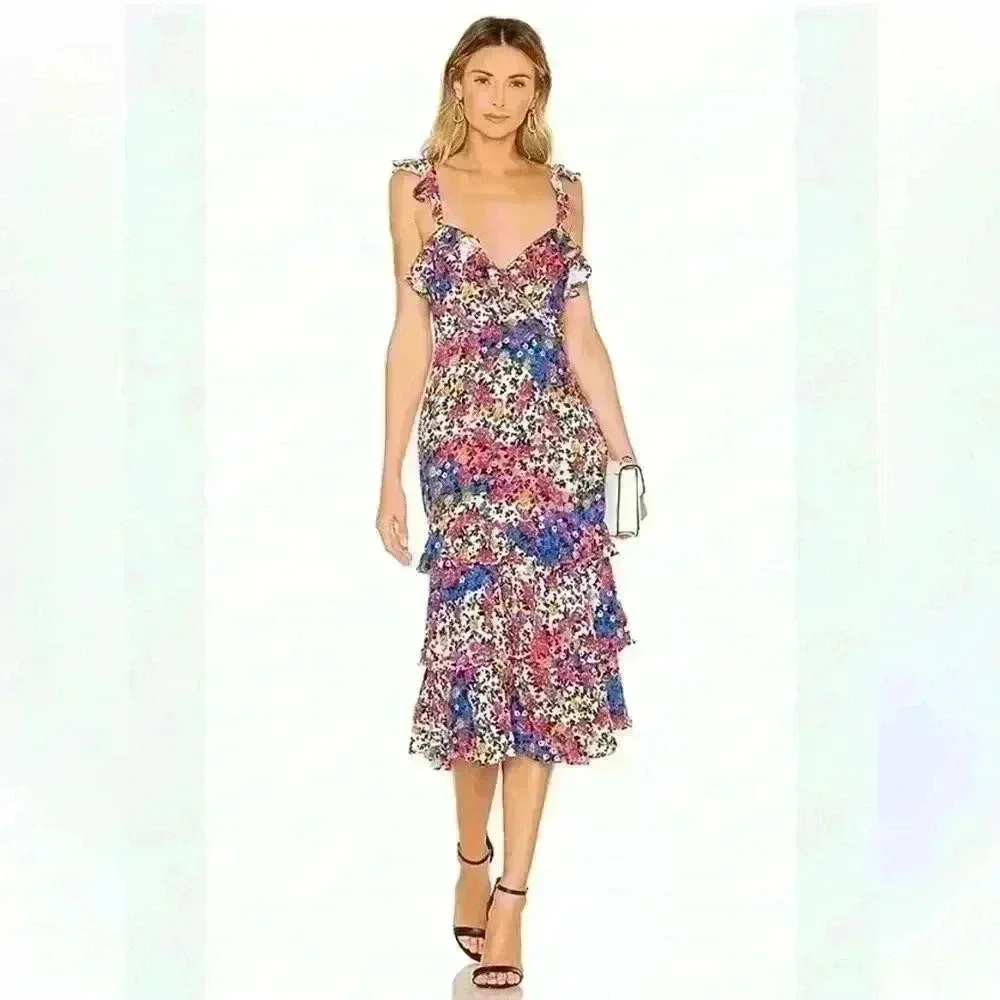 Revolve Majorelle Blue Nolita Floral Ruffle Midi Dress Women’s Size X-Small
